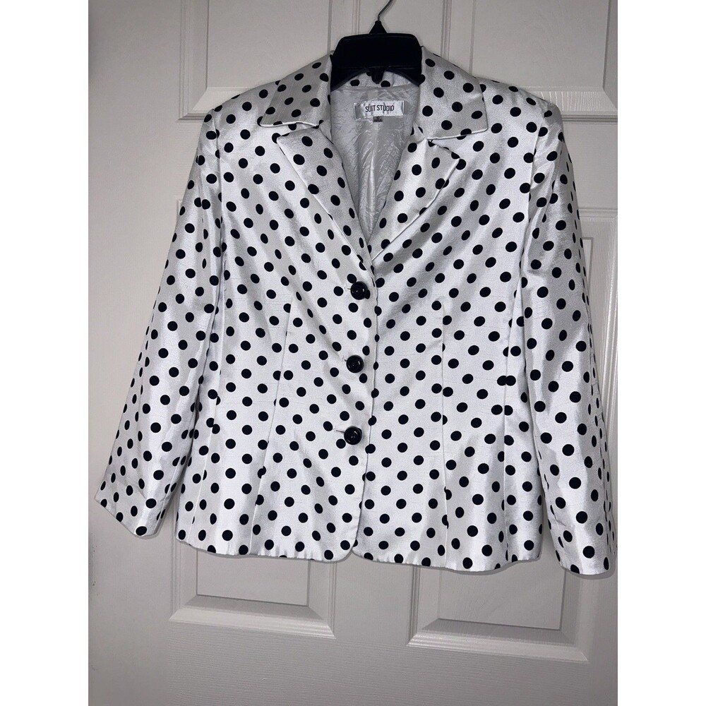 Suit Studio Long Sleeve White Polka Dots Size 10 Blazer Top
